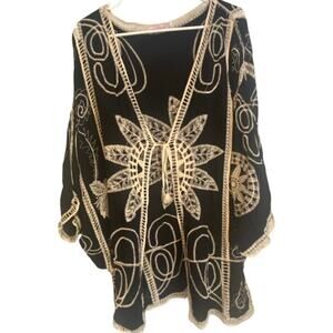 Ana & Rose Black Beige Embroidered Boho Kimono Cardigan 1X Festival Layer